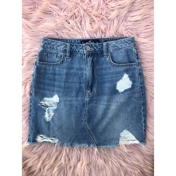 Hollister Dresses & Skirts - Hollister Ultra High Rise Skirt Blue Mini Ripped Jean